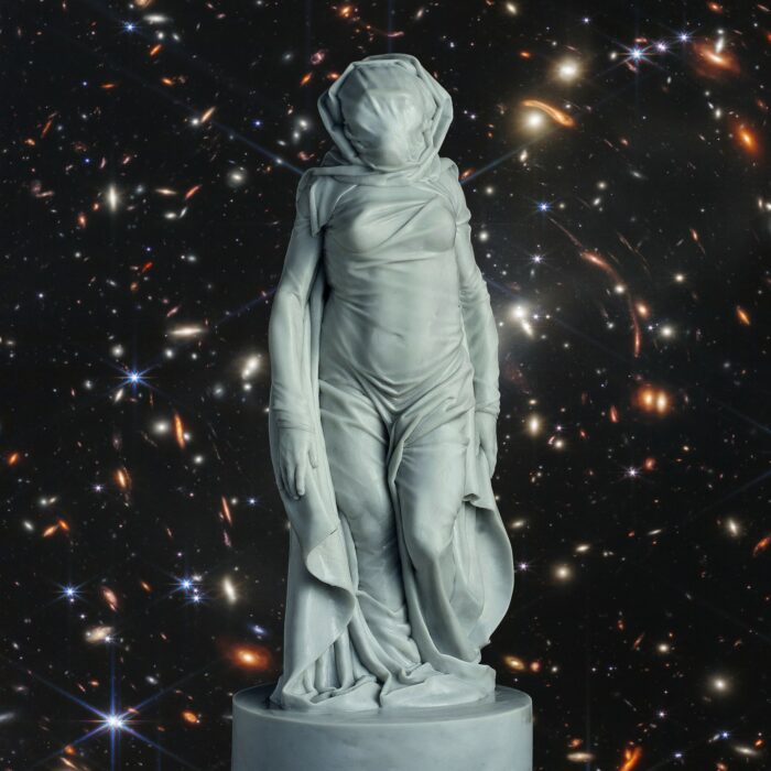 Marble sculpture „Santa Lucia“, showing Australopithecus afarensis Lucy, 2019 (image credit: team of pithecus.org), background: James Webb’s First Deep Field Image, 2022 (image credit: NASA, ESA, CSA, STScI)